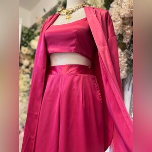 NWT ALTEREDREAMS Coord 3-pc Set - Pink Monochrome Feathered Satin Tops & Pant XS